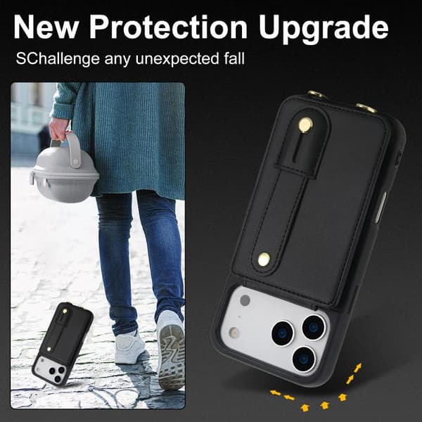 iPhone 17 Pro Skal med Handledsrem och Vertikal Flip Wallet Svart