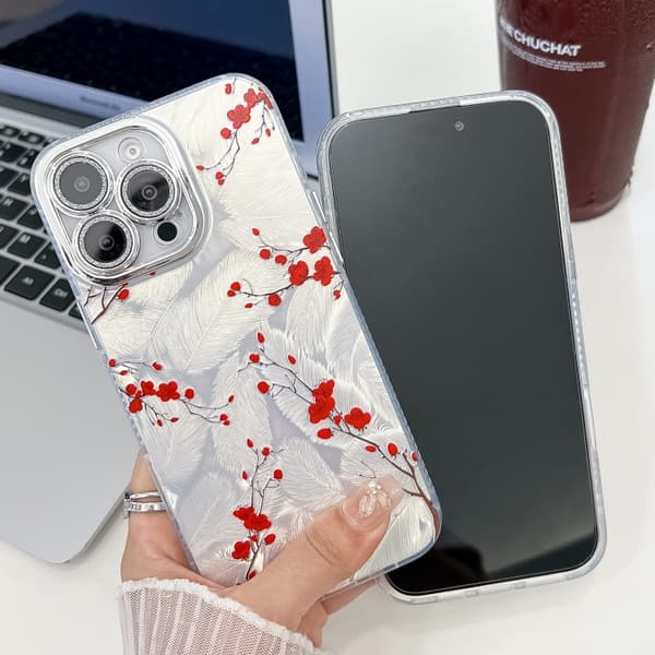 iPhone 16 Pro Max Skal med Elektropläterad Blomtextur Röd plommonblomma SH2