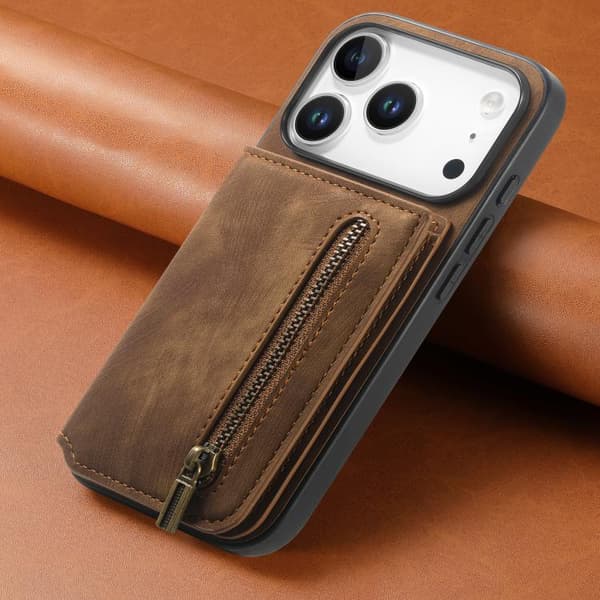 iPhone 17 Pro Retro Läder Zipper Skal Brun