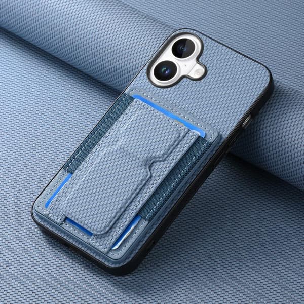 iPhone 17 Skal - Kolfiber med Fällbart Ställ och Elastisk Kortficka Blå