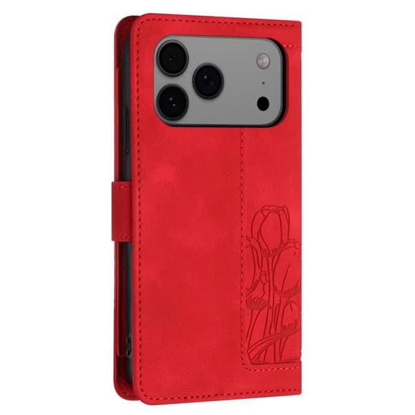 iPhone 18 Pro Max / iPhone 17 Pro Max Skal läderfodral med tulpaner och lanyard Röd