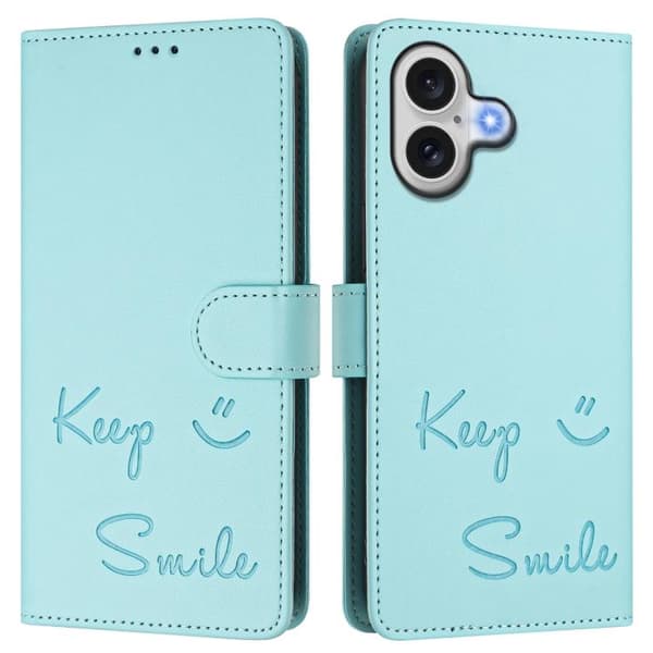 iPhone 17 Skal läderfodral med Smile Embossing RFID Mintgrön
