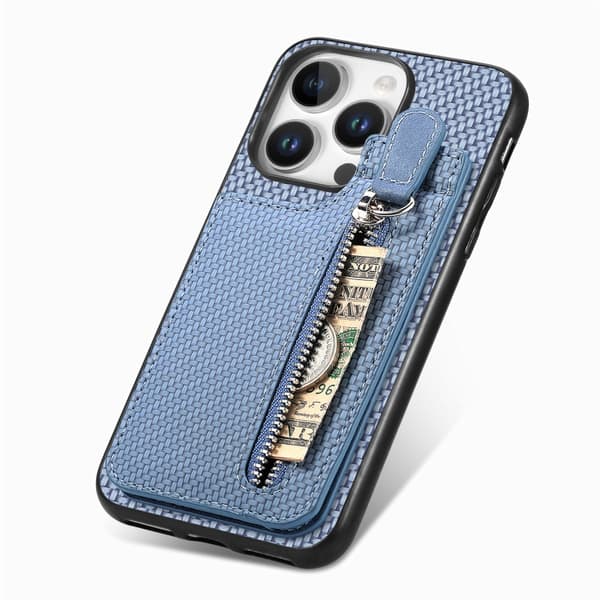 iPhone 16 Pro Max Kolfiber Vertikal Flip Zipper Skal Blå