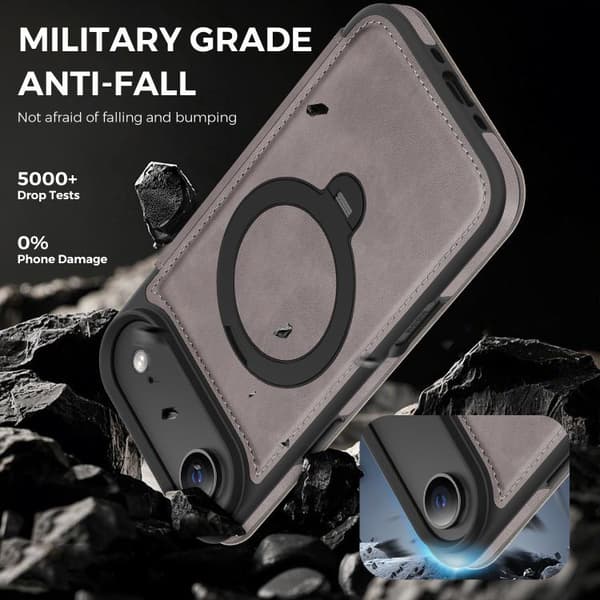 iPhone 17 Skal läderfodral med Knight Shield 360 Rotationshållare MagSafe RFID Grå