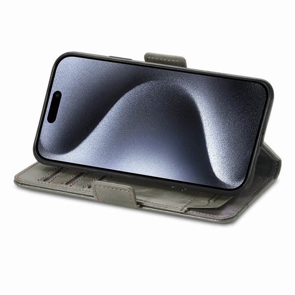 iPhone 16 Pro Max Skal - Neo Splicing Dubbel Magnetisk Spänne Läder Fodral Grå