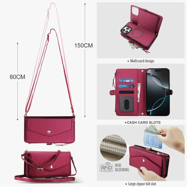 iPhone 16 Pro Multifunktionell Wallet Avtagbart Läder Skal med Lanyard Röd