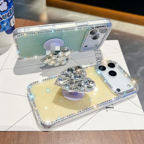 iPhone 17 Pro Skal med Diamant Glittrande Ädelsten Hjärtformat Hållare Vit