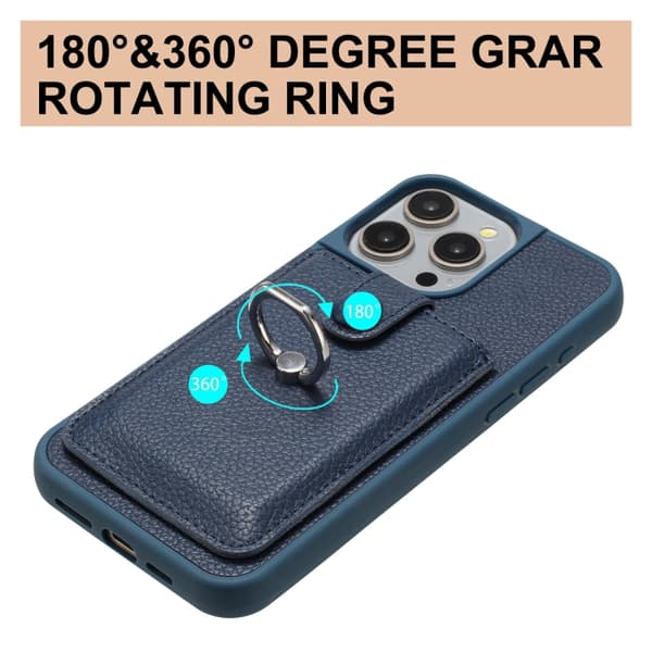 iPhone 16 Pro Max Litchi Textur Ritkort Väska Ringhållare Skal Blå