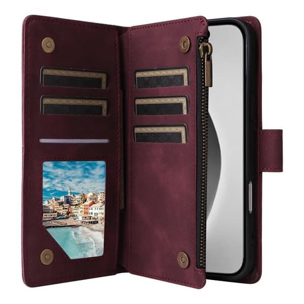 iPhone 16 Pro Max Multifunktionell Multi-Kort Wallet Skal Läder Fodral Vinrött