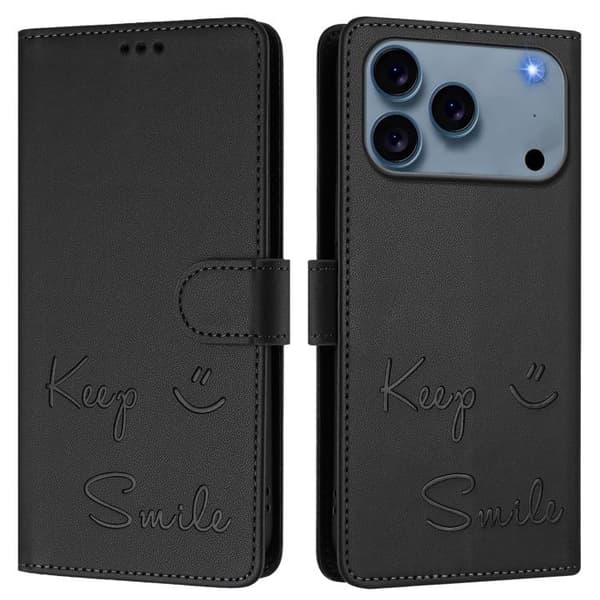 iPhone 18 Pro / iPhone 17 Pro Skal läderfodral med Smile Embossing och RFID Svart