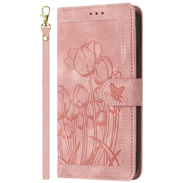 iPhone 18 Pro Max / iPhone 17 Pro Max Skal läderfodral med tulpaner och lanyard Rosa