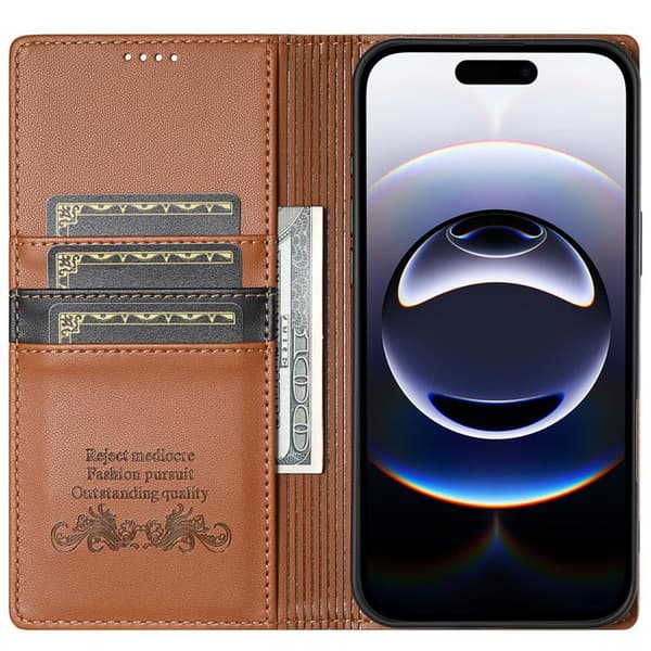 iPhone 17 Pro Skal läderfodral N.BEKUS P3 RFID med magnetisk flip Brun