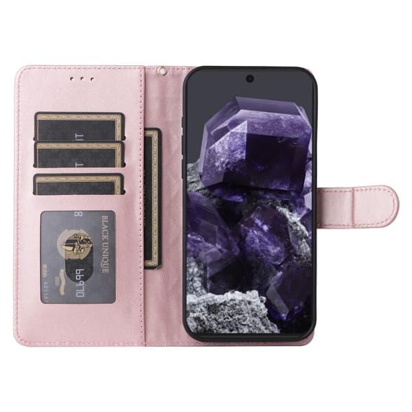 för Pixel 9 Pro Skal i Diamantmönstrad Läder Flip Design Roséguld