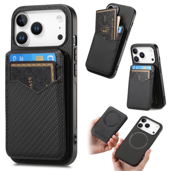 iPhone 18 Pro Max / iPhone 17 Pro Max Skal - Kolfiber med MagSafe - Vertikal Flip för Kort Svart