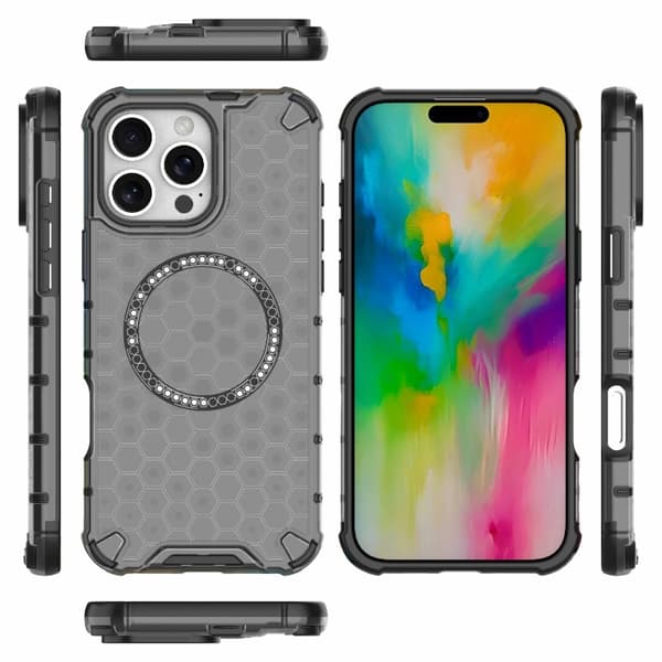 iPhone 16 Pro Max Honeycomb Magnetisk Ring Stötsäker Skal Svart