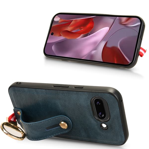 för Pixel 9a Skal i Läder med Handledsrem Blå