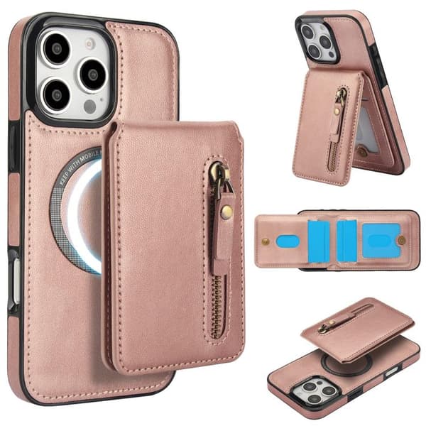 iPhone 16 Pro Zipper Wallet Split MagSafe Läder Fodral Skal Roséguld