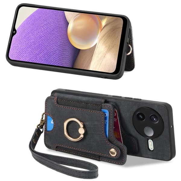 Redmi K80 / Poco F7 Pro - Retro Skinnkänsla Ring Multi-kort RFID Plånboksfodral Svart