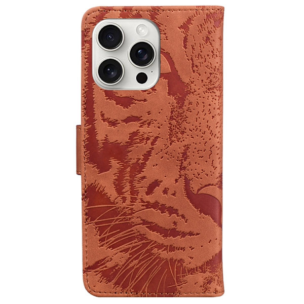 iPhone 16 Pro Tiger Embossing Pattern Fodral - Elegant och Slitstark Skal Läder Brun
