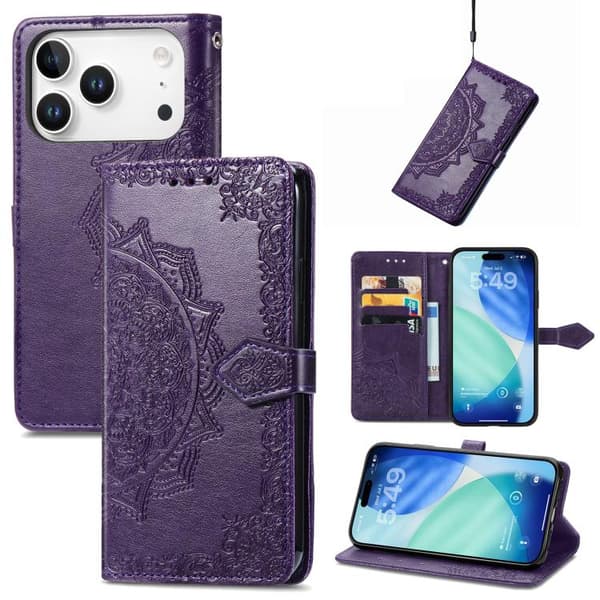 iPhone 18 Pro Max / iPhone 17 Pro Max Skal läderfodral med mandala blommor Purpur