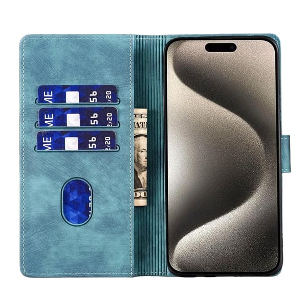 iPhone 18 Pro Max / iPhone 17 Pro Max Skal läderfodral med präglad katt och hjärta Blå