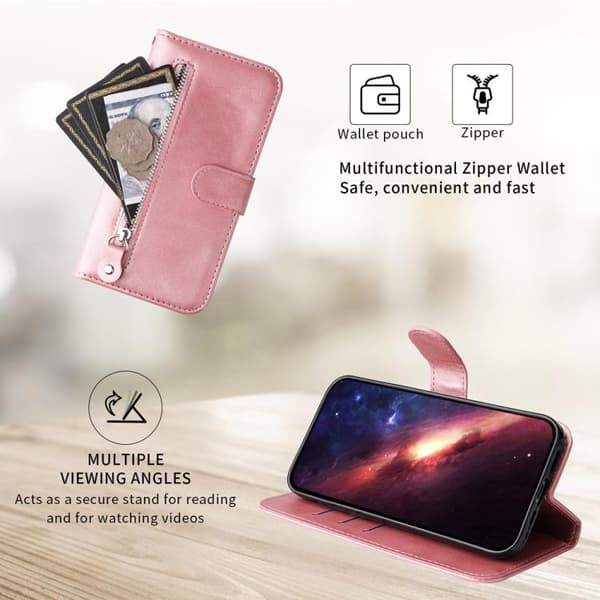 iPhone 18 Pro Max / iPhone 17 Pro Max Skal läderfodral - mode med kalvskinnstextur och dragkedja Roséguld