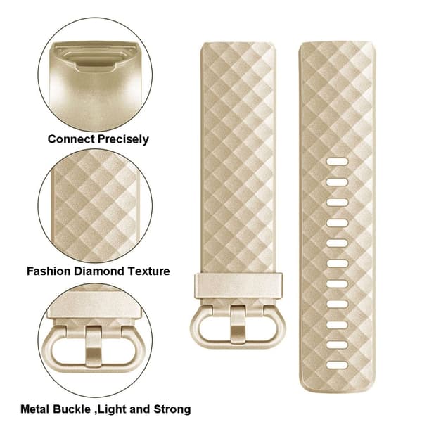 För FITBIT Charge 3 Official Pattern Metallic Watch Band Champagne Gold