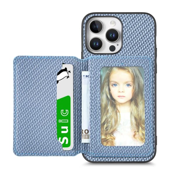 iPhone 16 Pro Max Skal Kolfiber med Magnetisk Kortficka och RFID-Skydd Blå