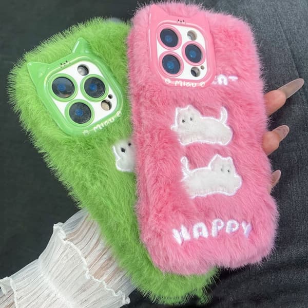 iPhone 16 Pro Max Skal - Plush Söt Katt Full Täckning Silikon Telefonfodral Grå