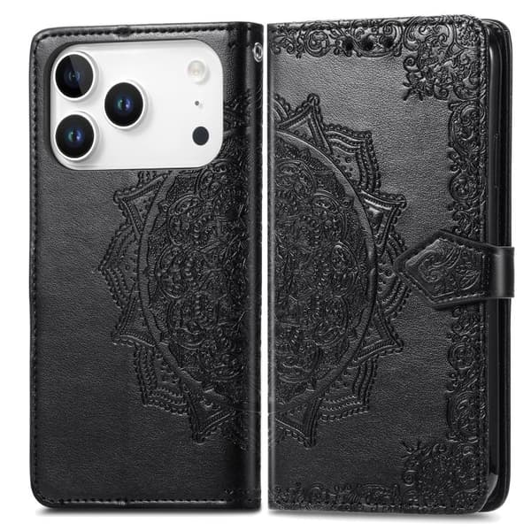 iPhone 18 Pro Max / iPhone 17 Pro Max Skal läderfodral med mandala blommor Svart