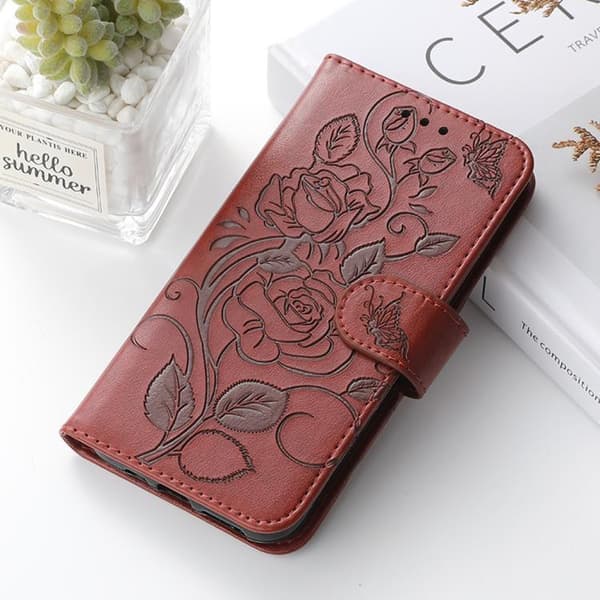 iPhone 18 Pro Max / iPhone 17 Pro Max Skal Läderfodral med Rosafärgad Fjäril Prägling Brun