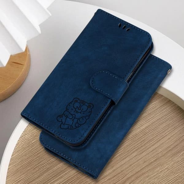 iPhone 18 Pro / iPhone 17 Pro Skal läderfodral med liten tigerprägling Mörkblå