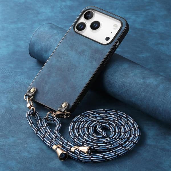 iPhone 18 Pro / iPhone 17 Pro Vintage Läder PC Bakskydd med Crossbody Rem Blå