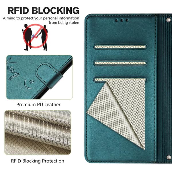 Samsung Galaxy S26 5G Skal med Smile Embossing RFID Läderfodral Påfågelgrön