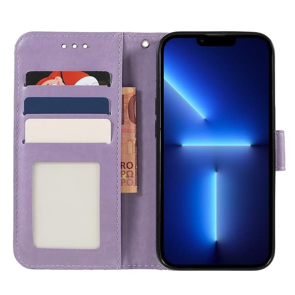 iPhone 18 Pro Max / iPhone 17 Pro Max Skal läderfodral med spetsblommor och präglad design Purpur