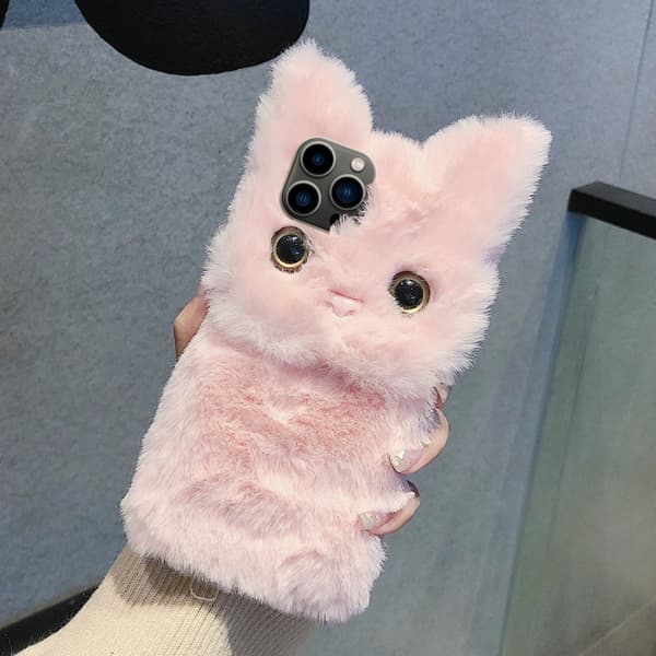 iPhone 16 Pro 3D Söt Katt Plush Full Coverage Skal Rosa