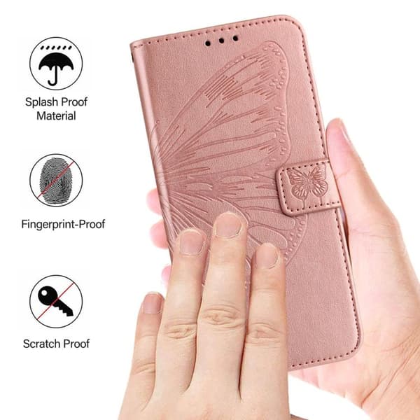 iPhone 18 Pro Max / iPhone 17 Pro Max Skal Läderfodral med Pr präglad Fjäril Roséguld