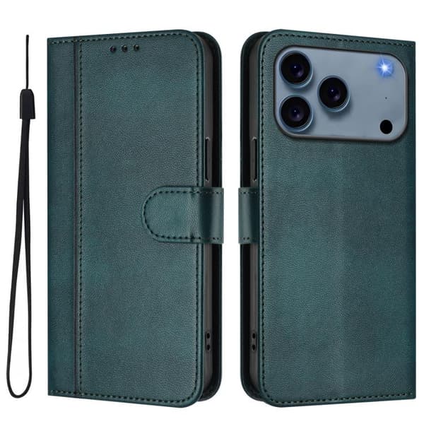 iPhone 17 Pro Skal Läderfodral med Retro Linjefog Mörkgrön