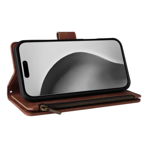 iPhone 16 Pro Multifunktionell Multi-Kort Wallet Skal Läder Fodral Brun