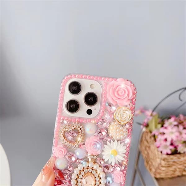 iPhone 16 Pro Max Diamantinlagd Ros PC Skal Rosa