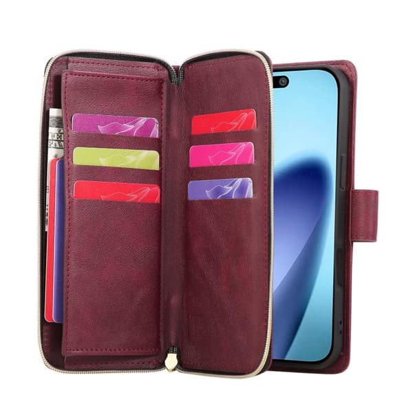 iPhone 18 Pro Max / iPhone 17 Pro Max Skal läderfodral med 9 kortfack och dragkedja Vinrött