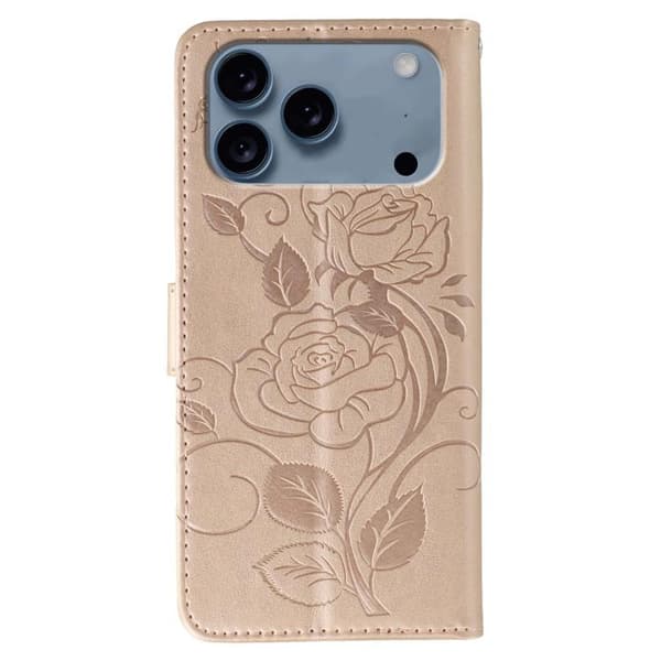 iPhone 18 Pro Max / iPhone 17 Pro Max Skal Läderfodral med Rosafärgad Fjäril Prägling Roséguld