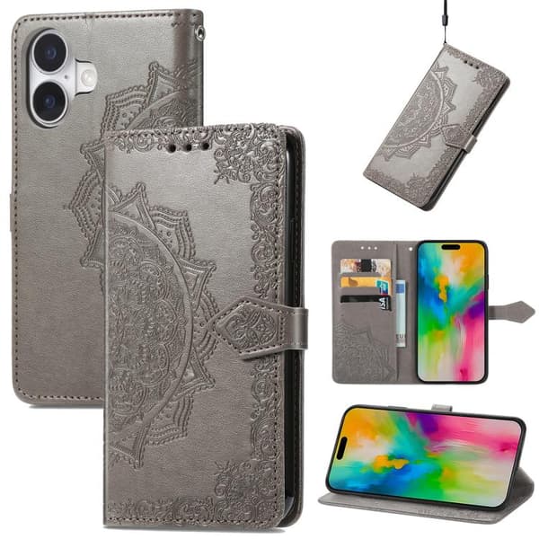 iPhone 17 Skal Läderfodral med Mandala Blomma Prägling Grå