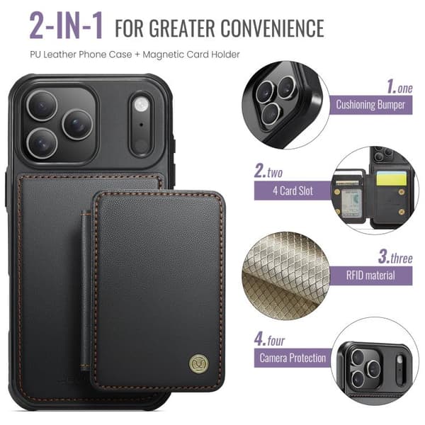 iPhone 18 Pro Max / iPhone 17 Pro Max Skal läderfodral JEEHOOD Business Magnetisk Stil RFID Svart