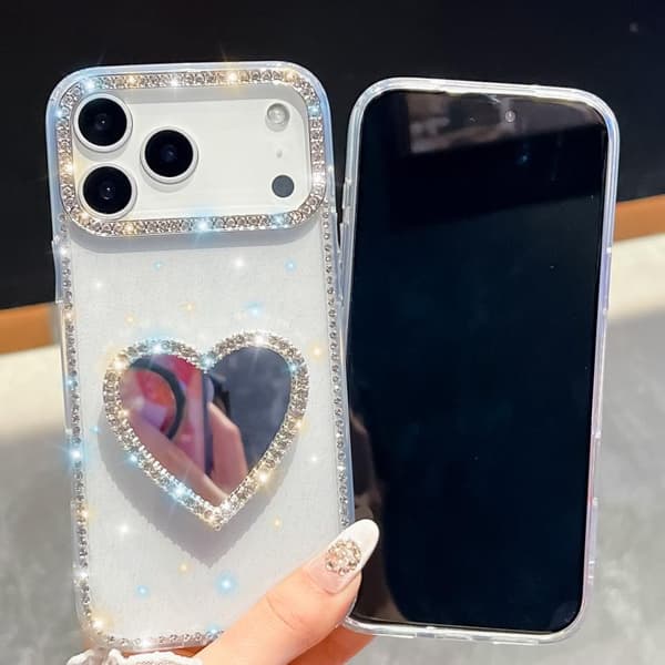 iPhone 18 Pro Max / iPhone 17 Pro Max Skal med Diamant Glittrande Spegel och Hjärthållare Vit