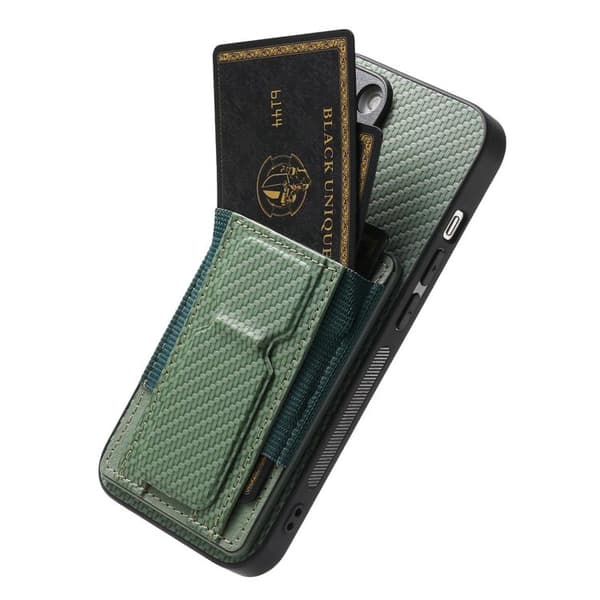 iPhone 17 Air Skal - kolfiber med vikbar ställning och elastisk kortficka Grön