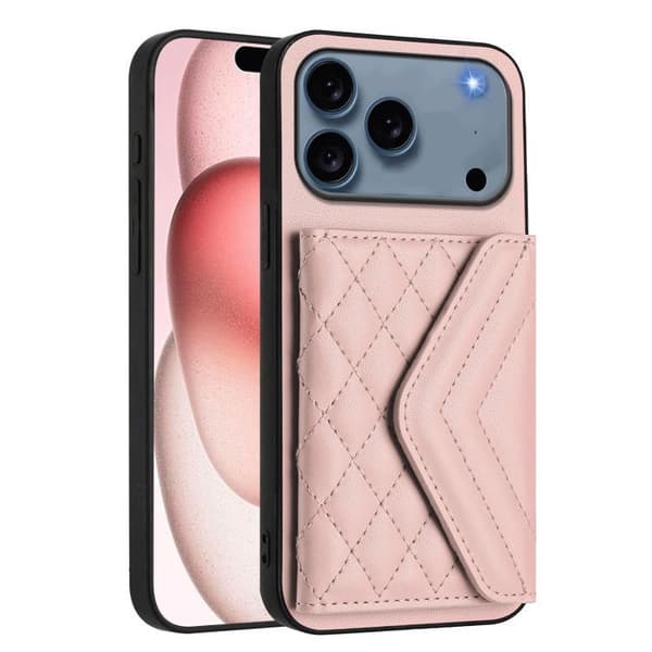 iPhone 18 Pro / iPhone 17 Pro Skal med Rhombisk Textur och Lång Lanyard Roséguld