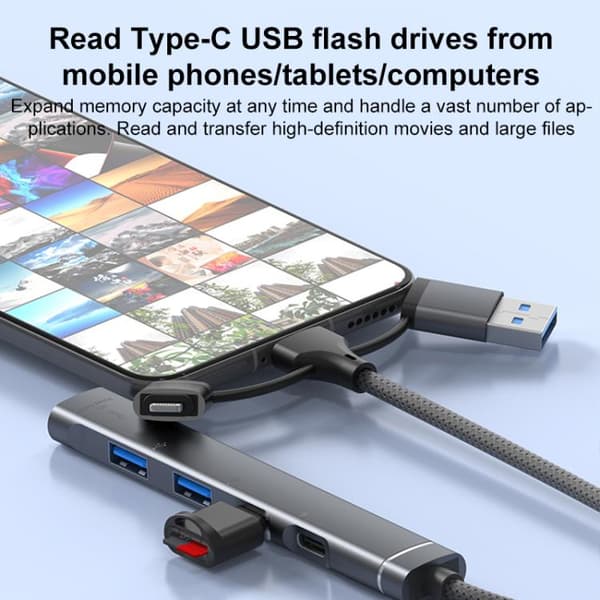 5-i-1 USB / Type-C / 8 Pin Hub Adapter - Aluminium Docking Station med 3.5mm, 2 USB, och Type-C (Grå)