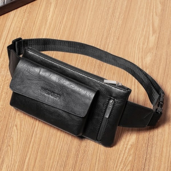 WEIXIER 9526 Herrar Fritidsstil PU Läder Enstaka Axel Crossbody Väska Midjeväska Svart