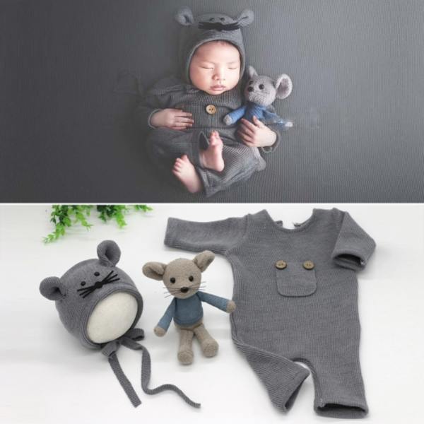 Nyfödd Fotografering Kläder Baby Stickad Overall + Mössa + Musdocka Tredelad Set Grå